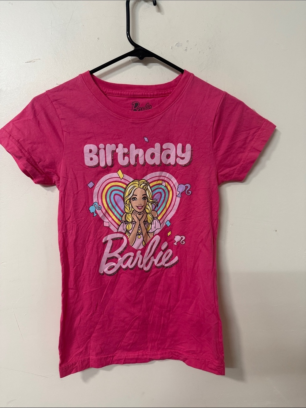 Barbie Hot Pink Birthday Graphic Tee with Rainbow Heart